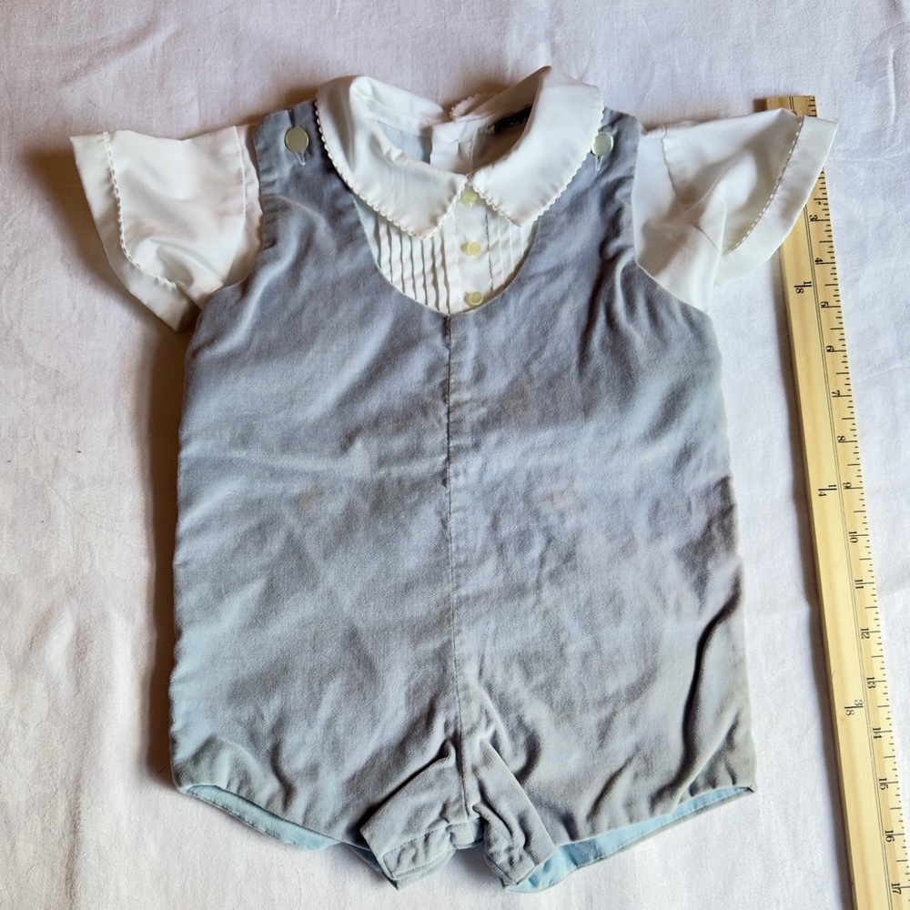 Vintage 1968 Little One by Johnston Baby Velvet Romper with White Collared Shirt